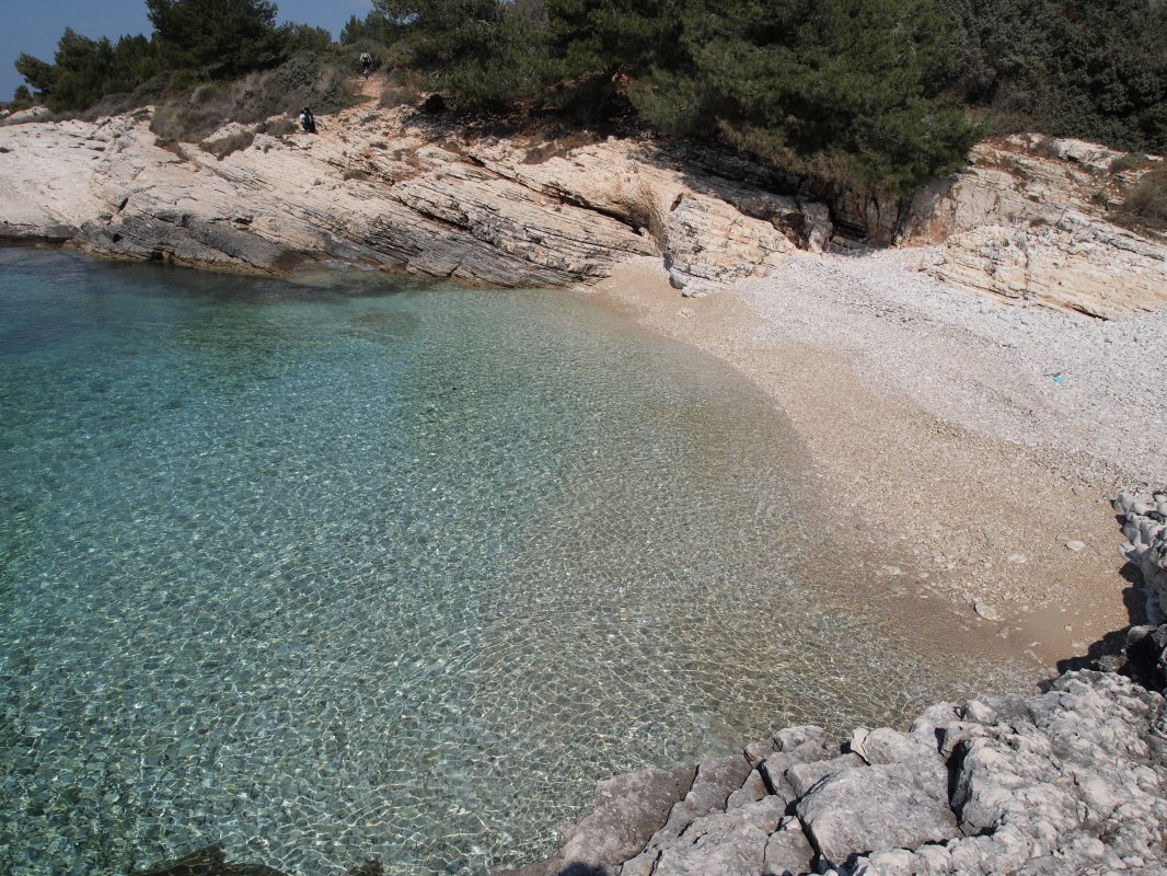 Kamenjak beach in Premantura near Apartments Borina. It is a pebbled beach with rocky cliffs all around. Nearby forest with trees. View from a nearby rocky cliff. Clear, clean and blue sea with waves.
